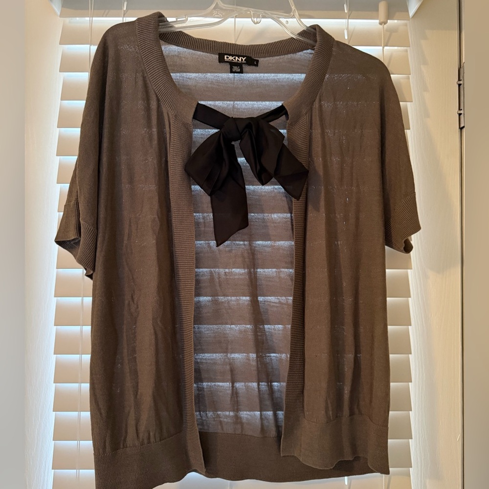 DKNY Tussah Silk Taupe Cardigan with Black Bow